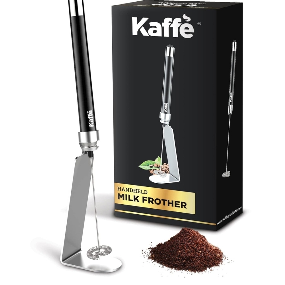 Kaffe Handheld Milk Frother Whisk with Stand. Stainless Steel Battery Operated